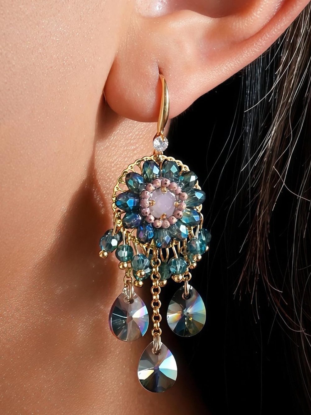 Anthropologie Gold-Tone Teal & Lavender Crystal Floral Drop Earrings